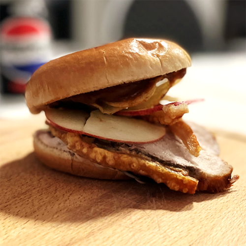 Danish roast pork and crackling sandwich